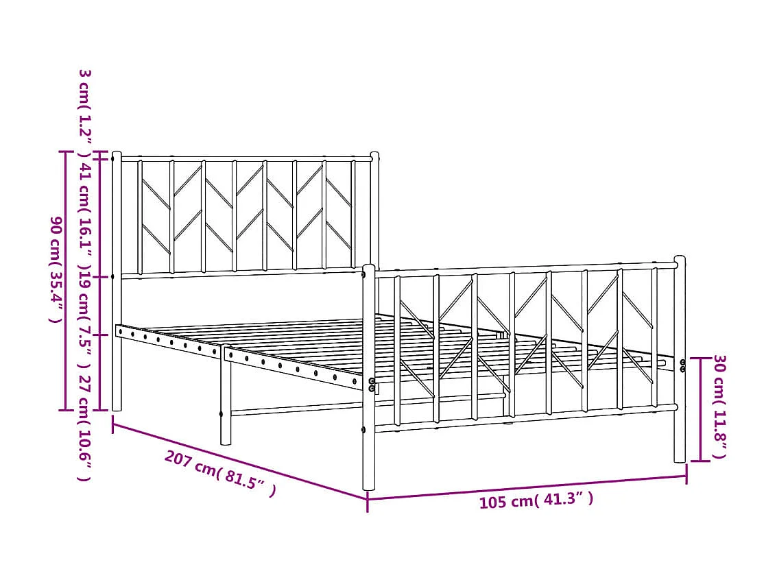Cadre de lit métal avec tête de lit-pied de lit noir 100x200