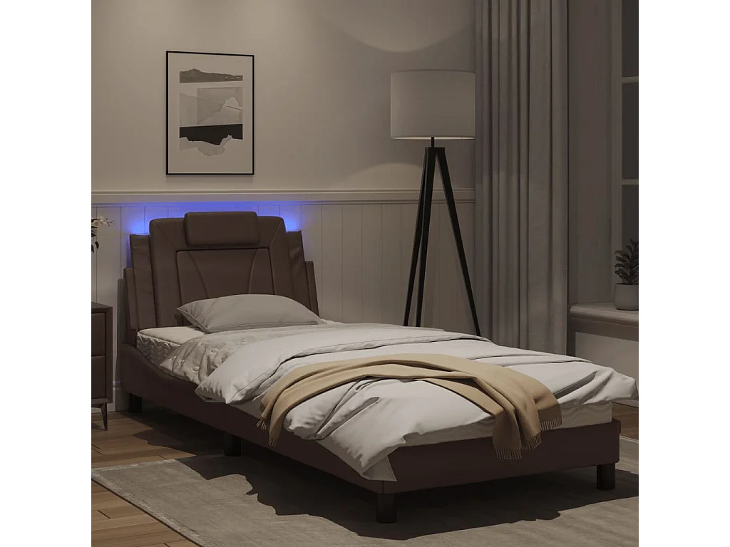 Cadre de lit avec lumières LED marron 90x200 similicuir