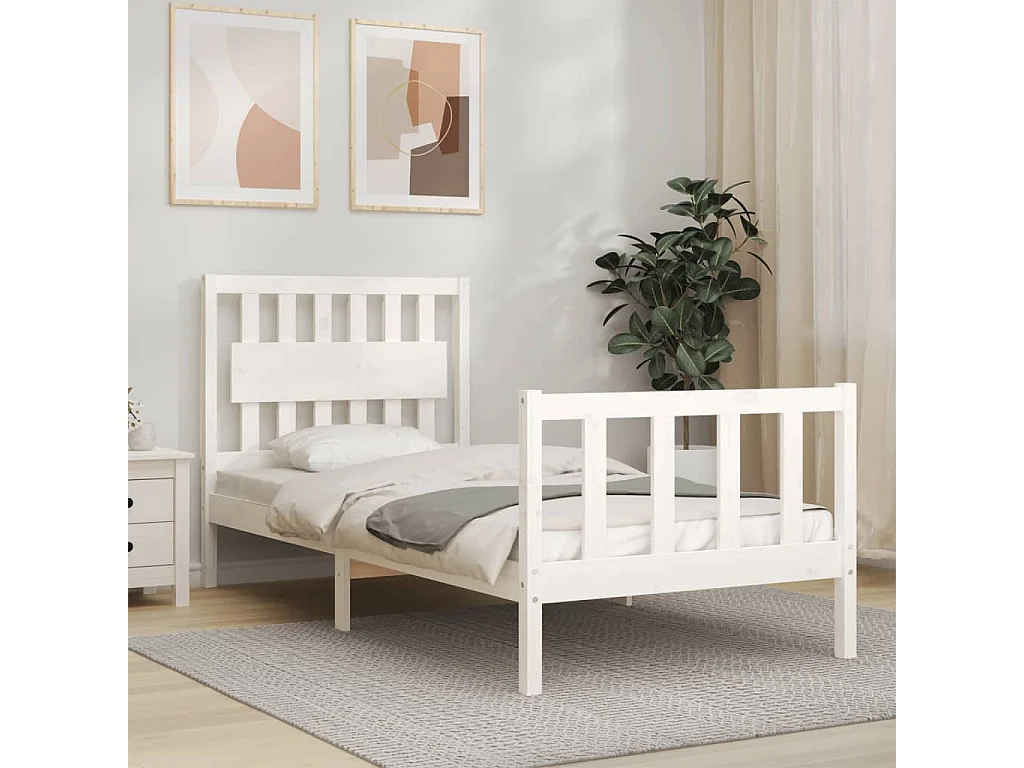 Cadre de lit avec tête de lit blanc simple bois massif