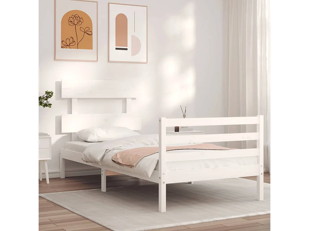 Cadre de lit avec tête de lit blanc 90x200 bois massif