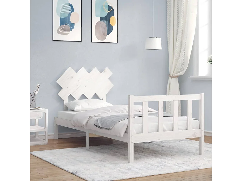 Cadre de lit avec tête de lit blanc 90x200 bois massif