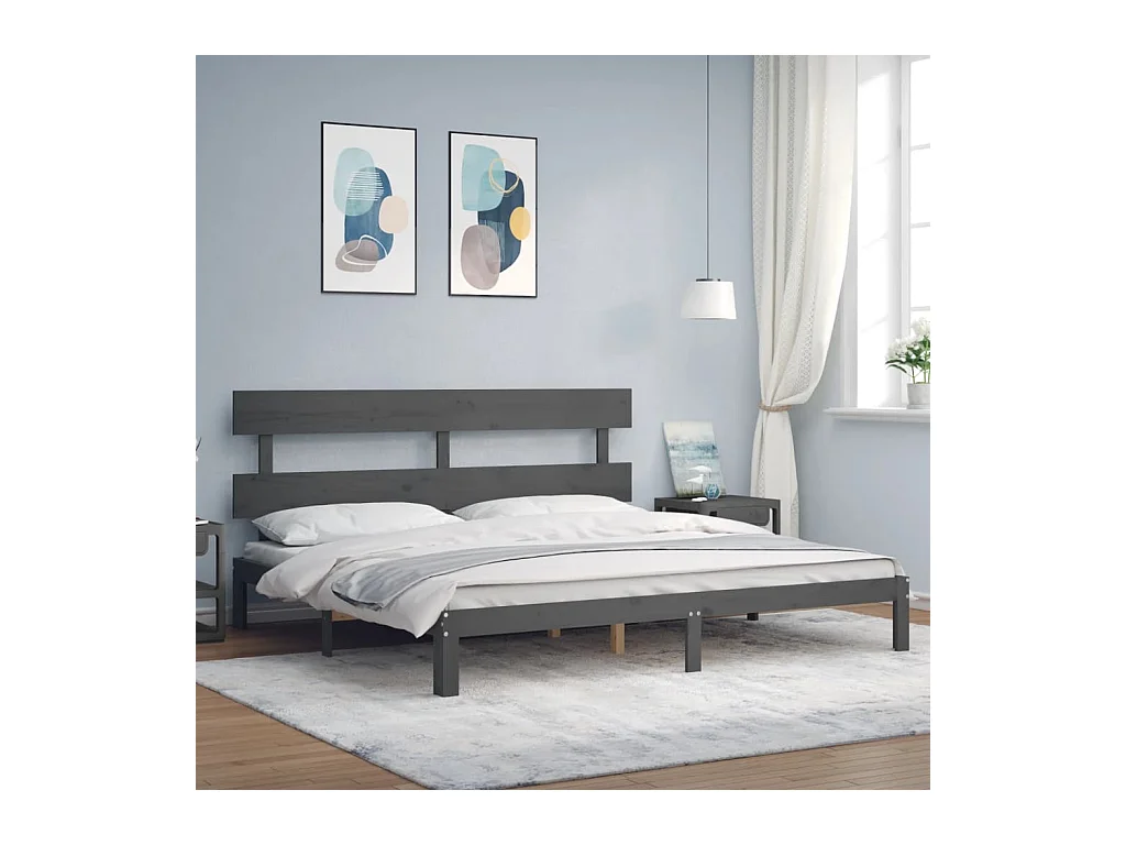 Cadre de lit avec tête de lit gris 200x200 bois massif