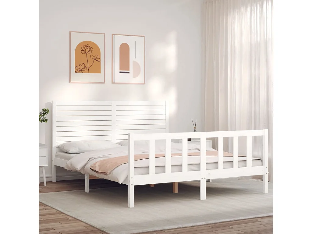 Cadre de lit avec tête de lit blanc 160x200 bois massif