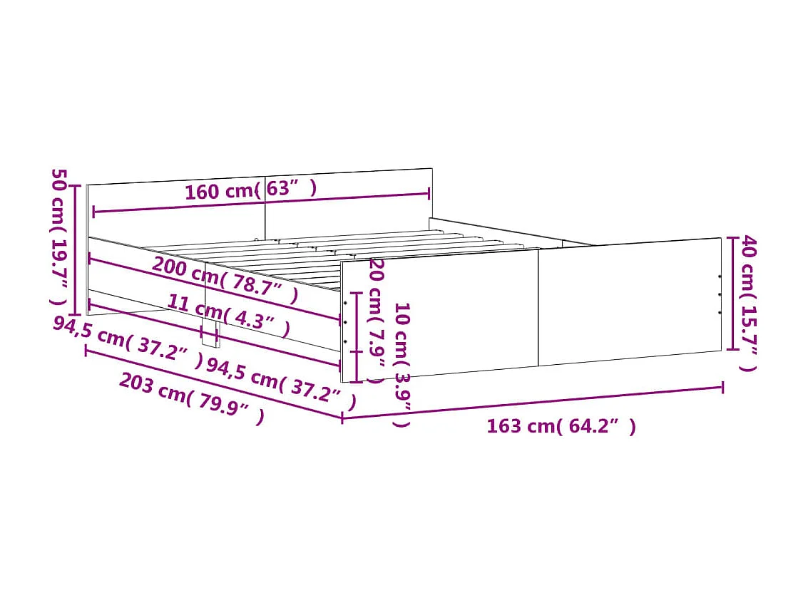 Cadre de lit tête de lit et pied de lit chêne sonoma 160x200