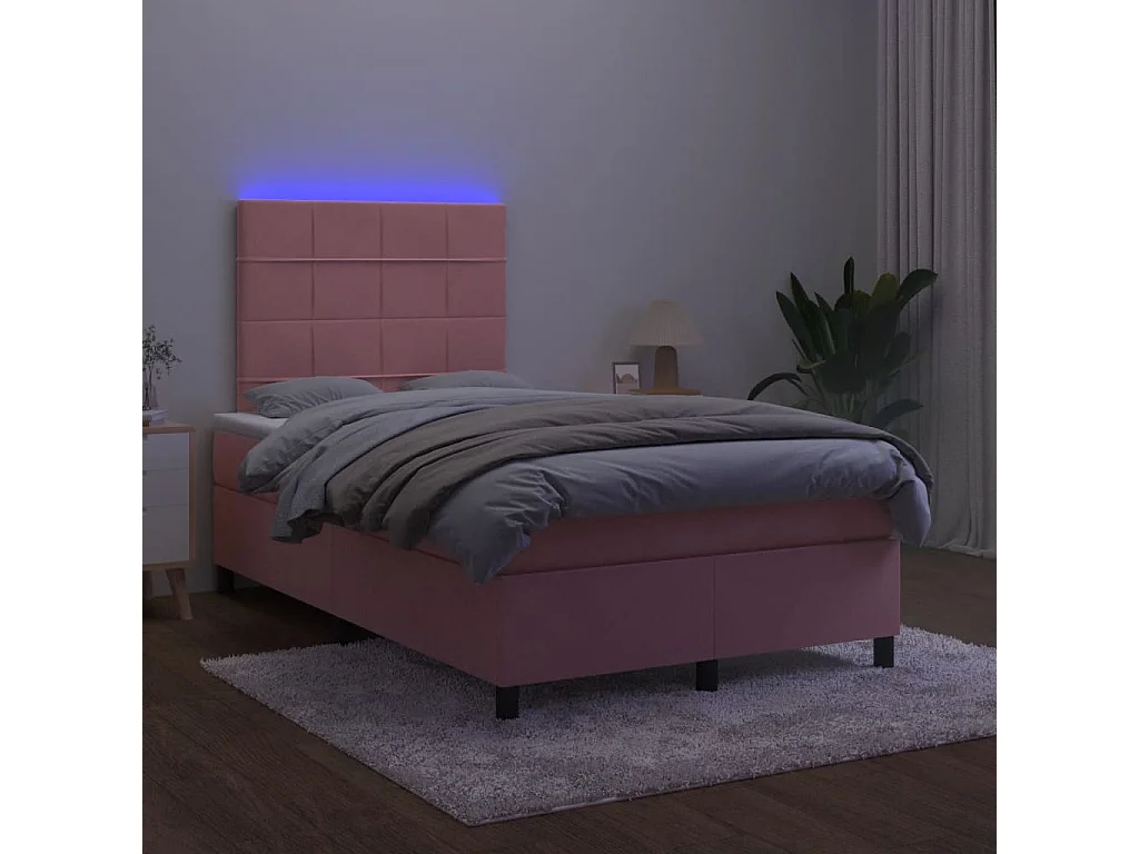 Sommier à lattes de lit et matelas LED rose 120x190 velours