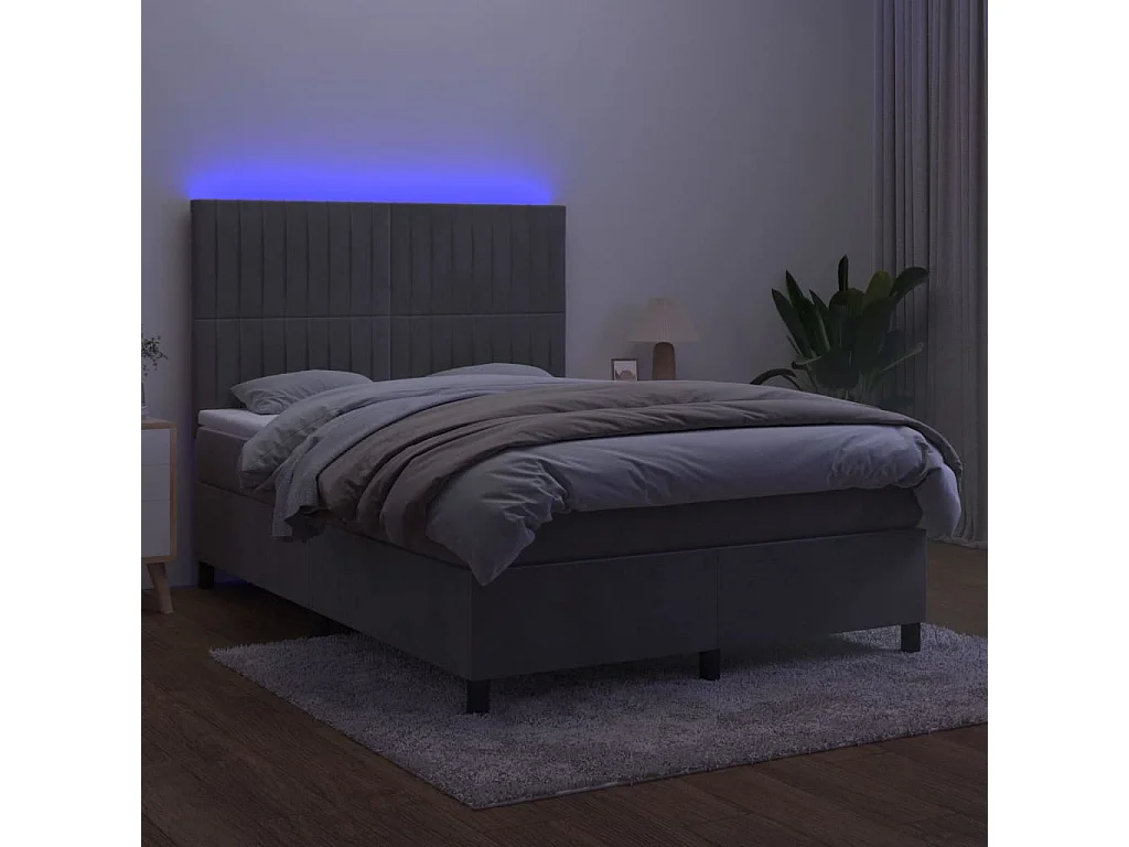 Lit à sommier tapissier matelas et LED Gris clair 140x190 Velours