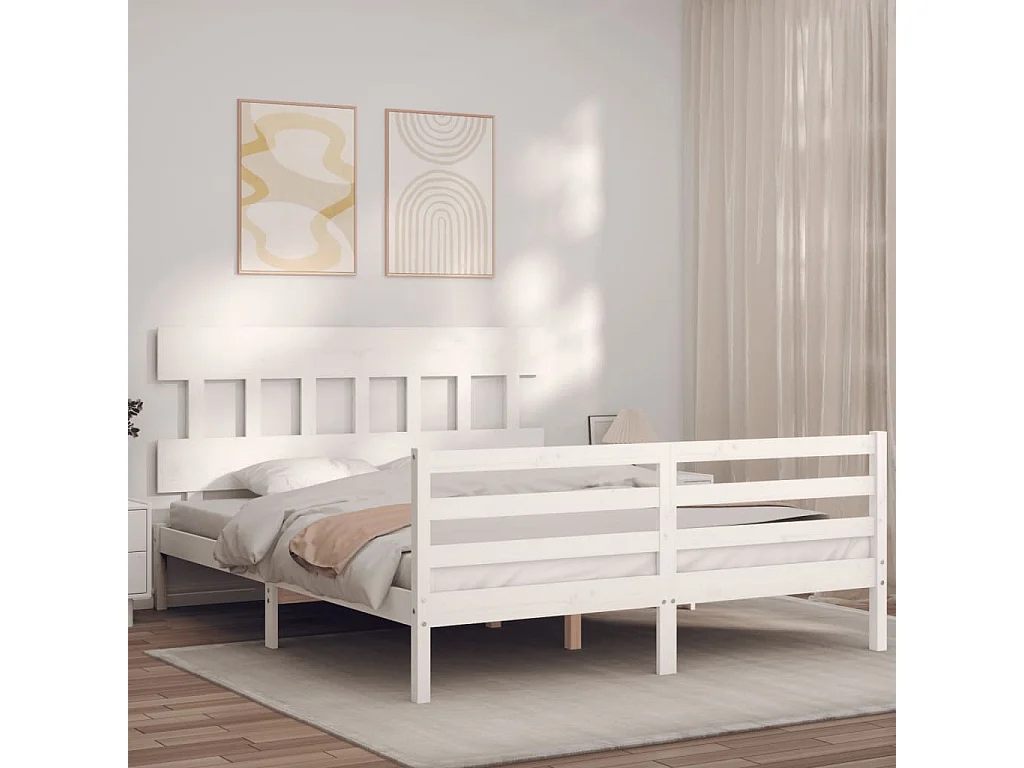 Cadre de lit avec tête de lit blanc 160x200 bois massif