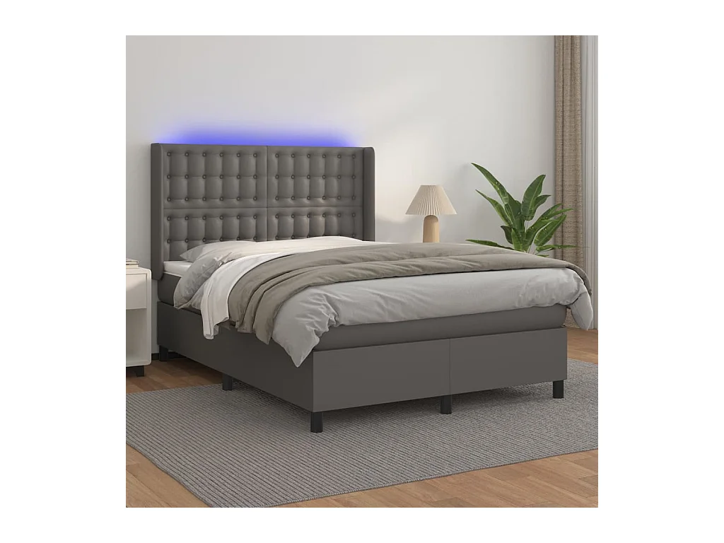 Lit à sommier tapissier et matelas et LED Gris 140x200 Similicuir