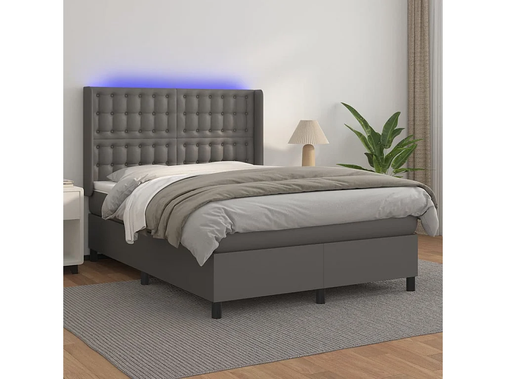 Lit à sommier tapissier et matelas et LED Gris 140x200 Similicuir