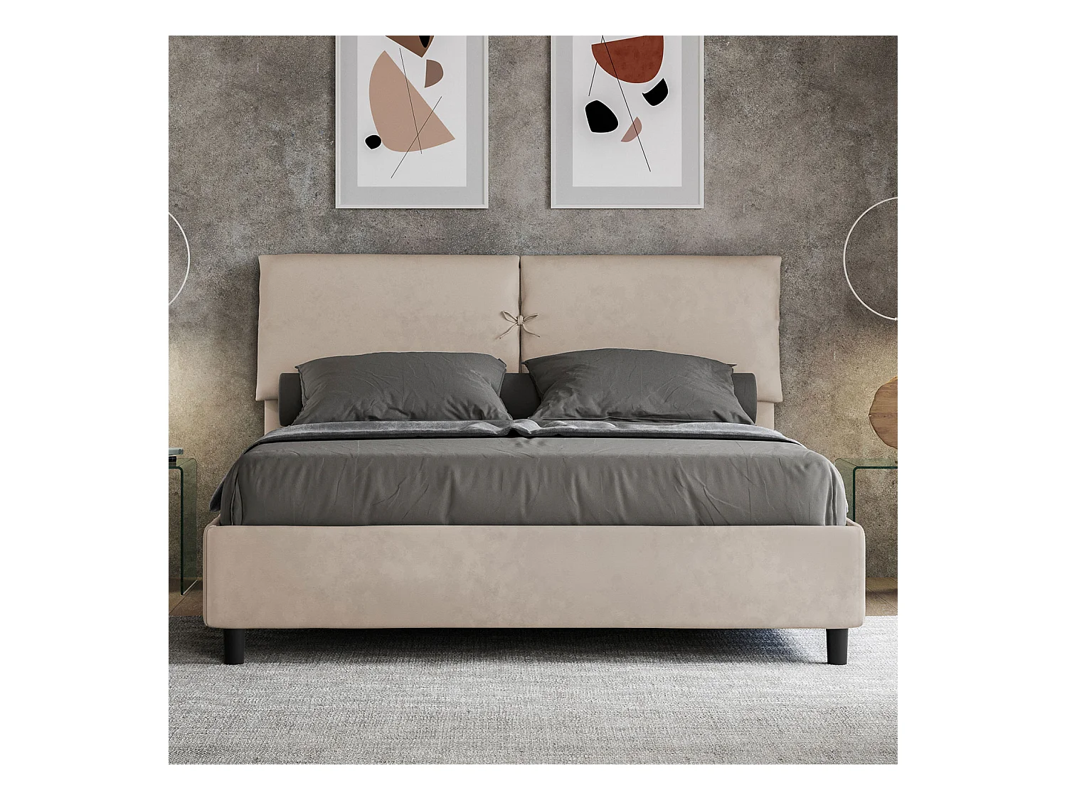 Lit sans sommier rembourré 160x200 microfibre sable Mados