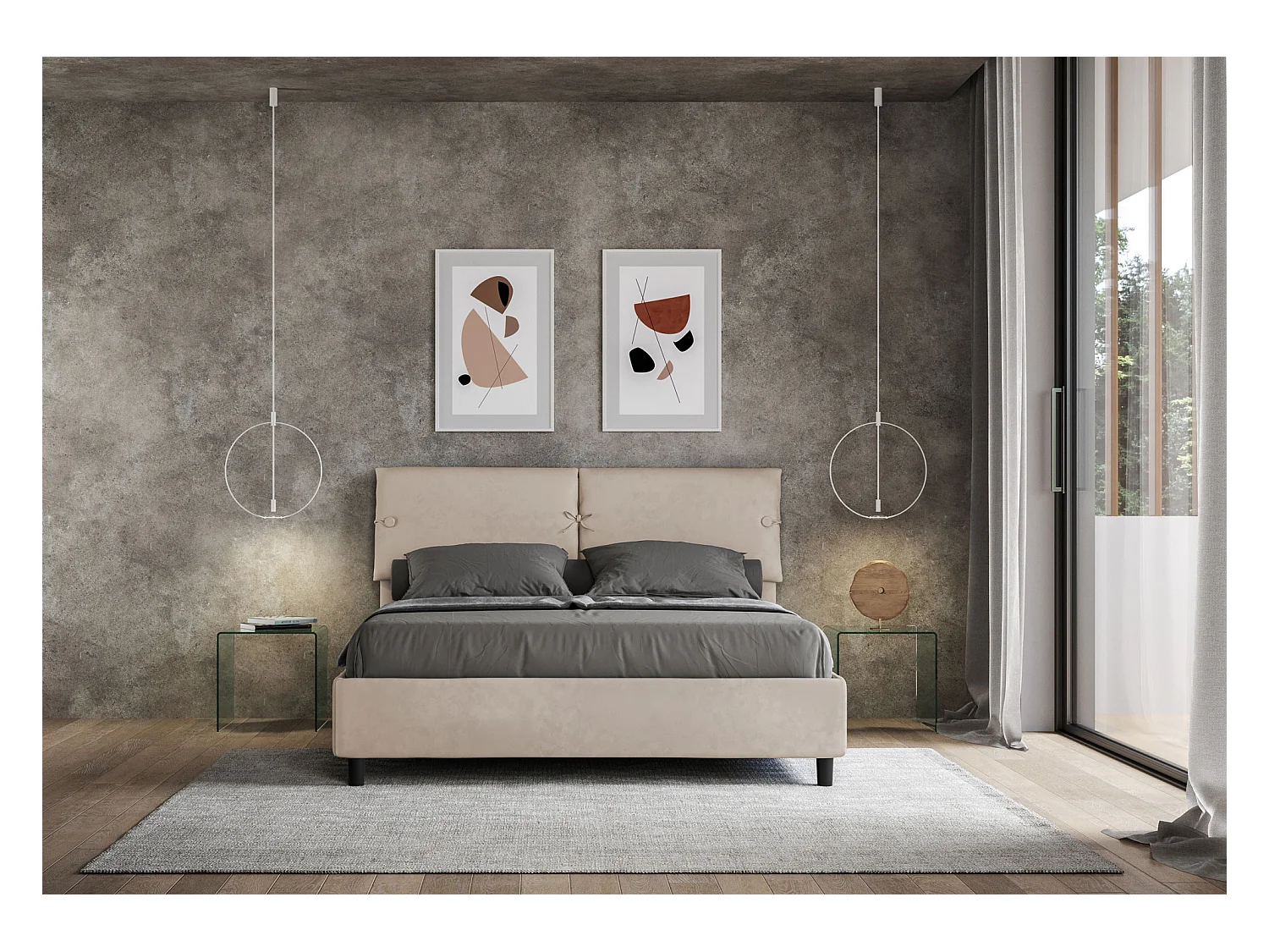 Lit sans sommier rembourré 160x200 microfibre sable Mados