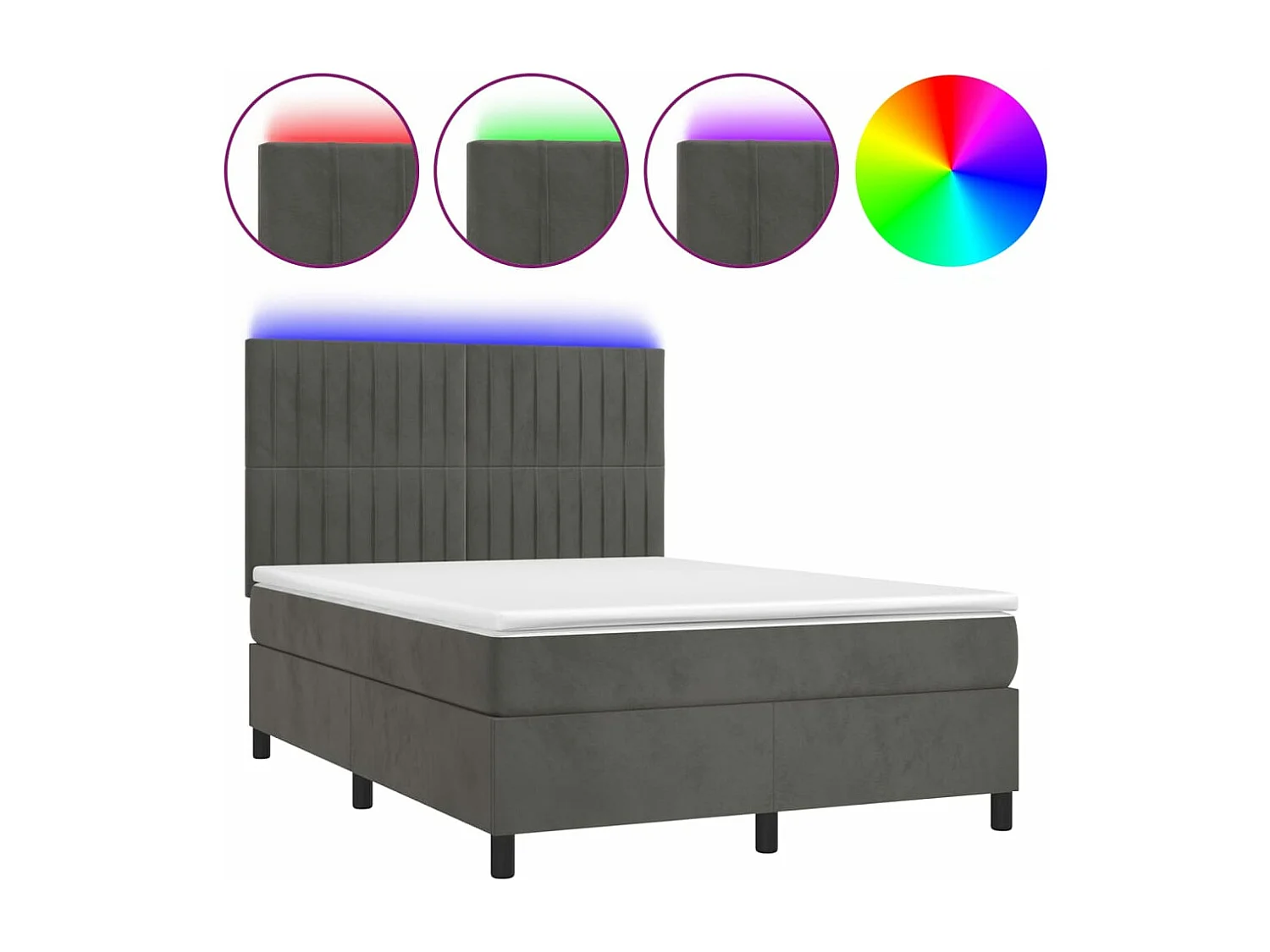 Lit à sommier tapissier matelas et LED Gris foncé 140x190 Velours