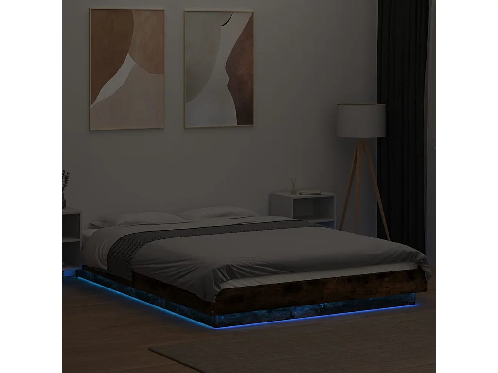 Cadre de lit avec lumières LED chêne fumé 140x200
