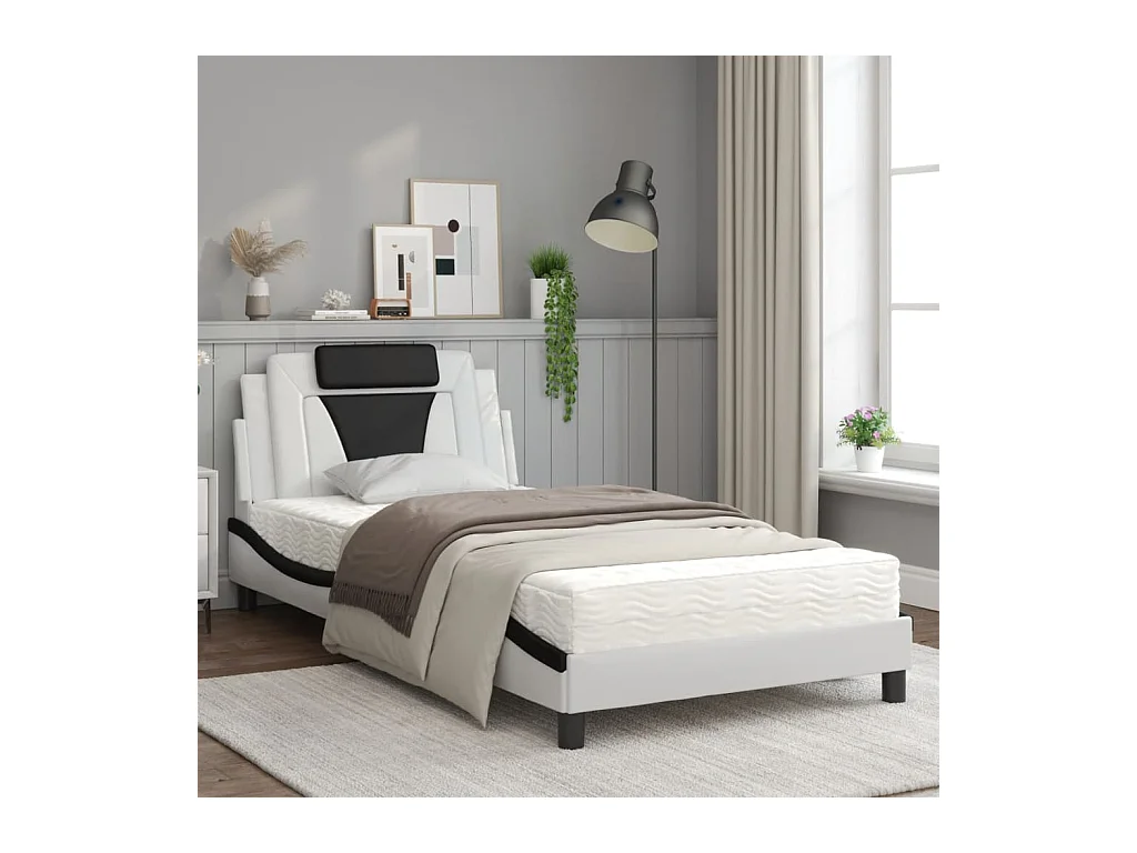 Lit avec matelas blanc et noir 100x200 similicuir