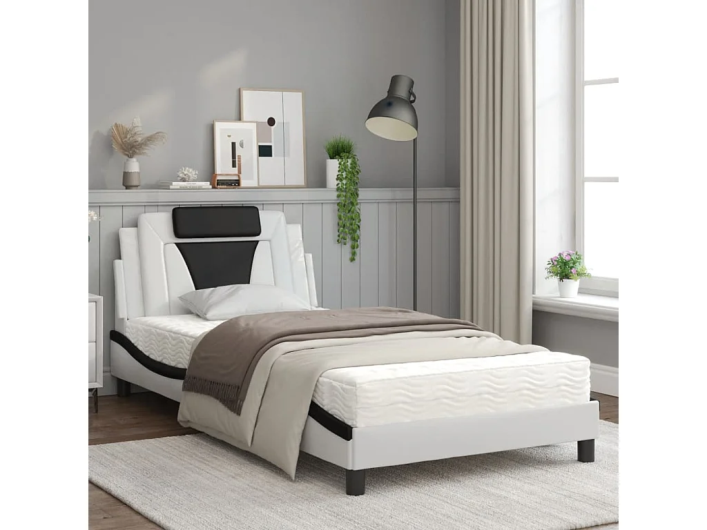 Lit avec matelas blanc et noir 100x200 similicuir
