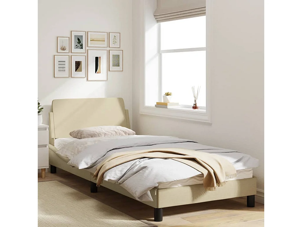 Cadre de lit avec tête de lit Crème 90x190 Tissu