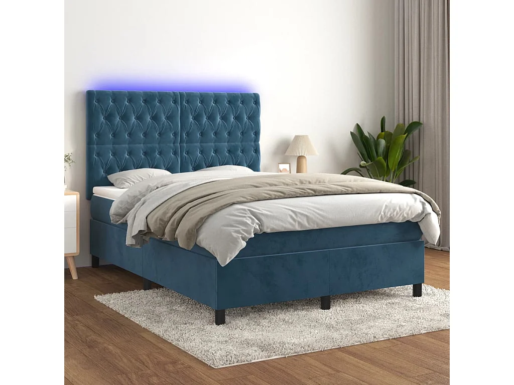Sommier à lattes de lit matelas et LED Bleu foncé 140x200