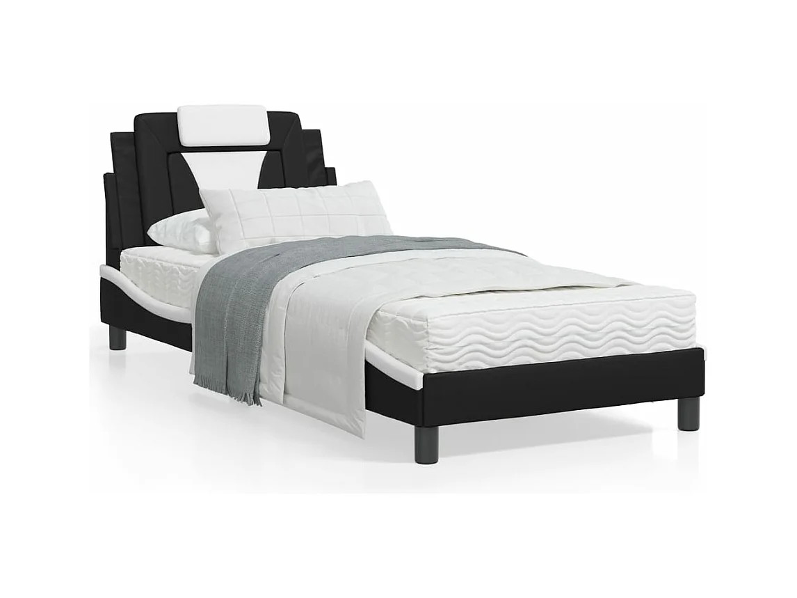 Lit avec matelas noir et blanc 90x190 similicuir