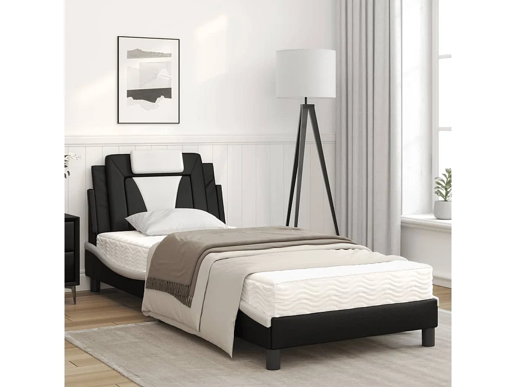 Lit avec matelas noir et blanc 90x190 similicuir