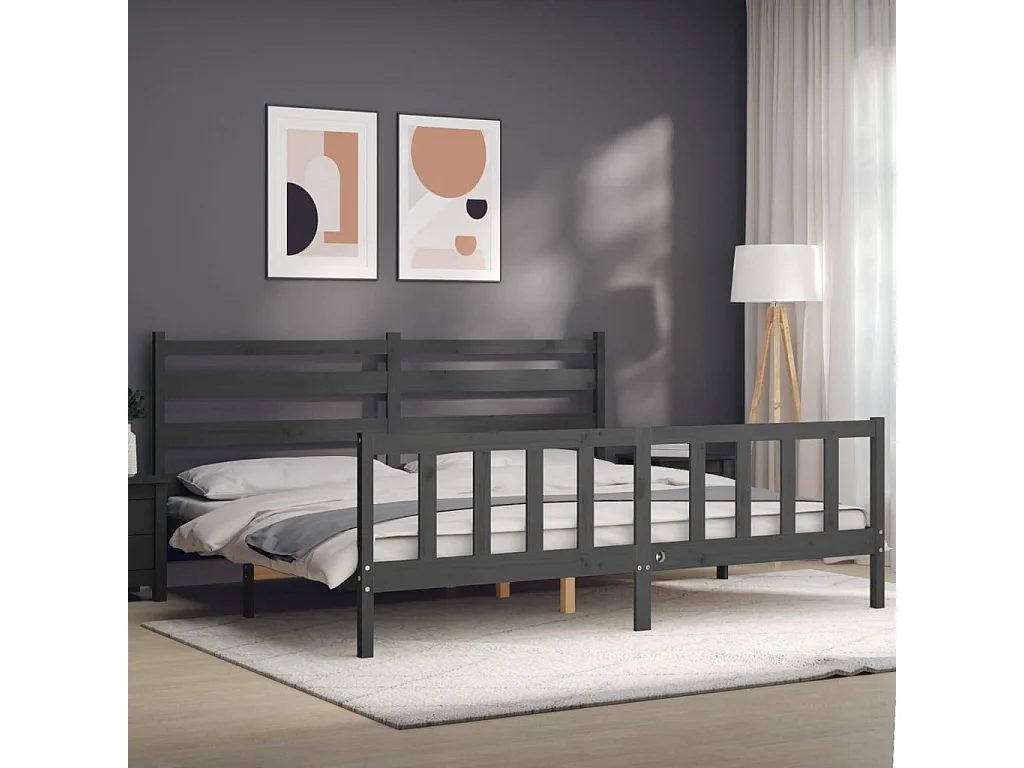 Cadre de lit avec tête de lit gris 200x200 bois massif