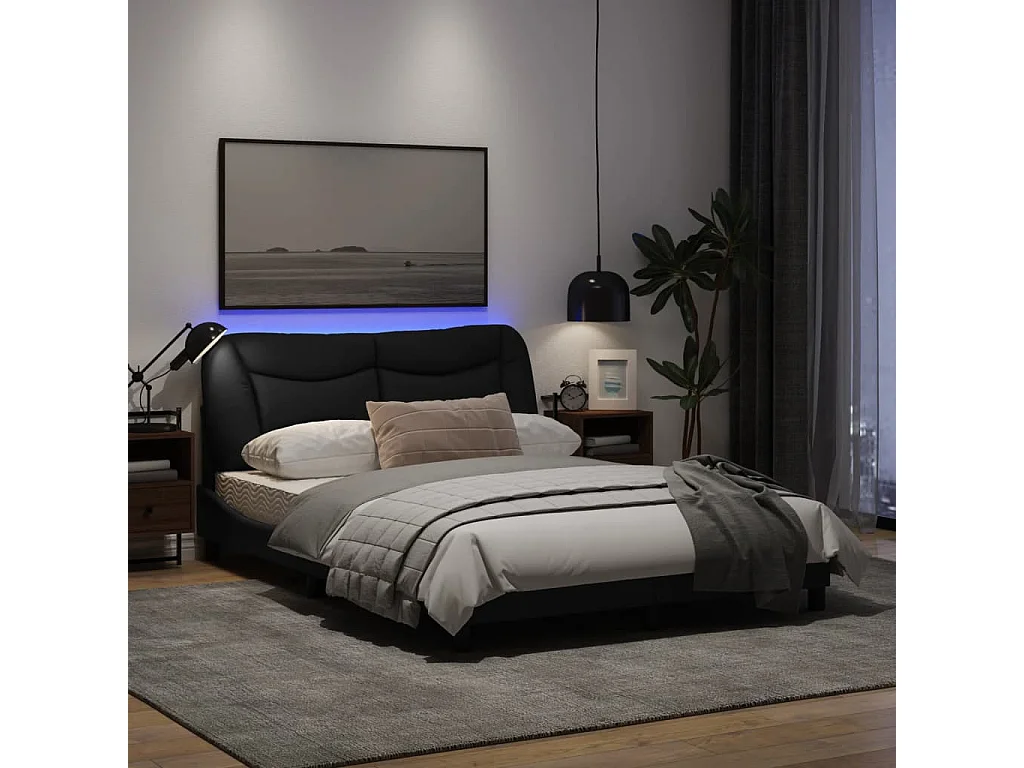 Cadre de lit avec lumières LED noir 140x200 tissu