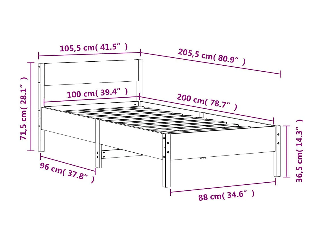 Cadre de lit et tête de lit blanc 100x200 bois de pin massif