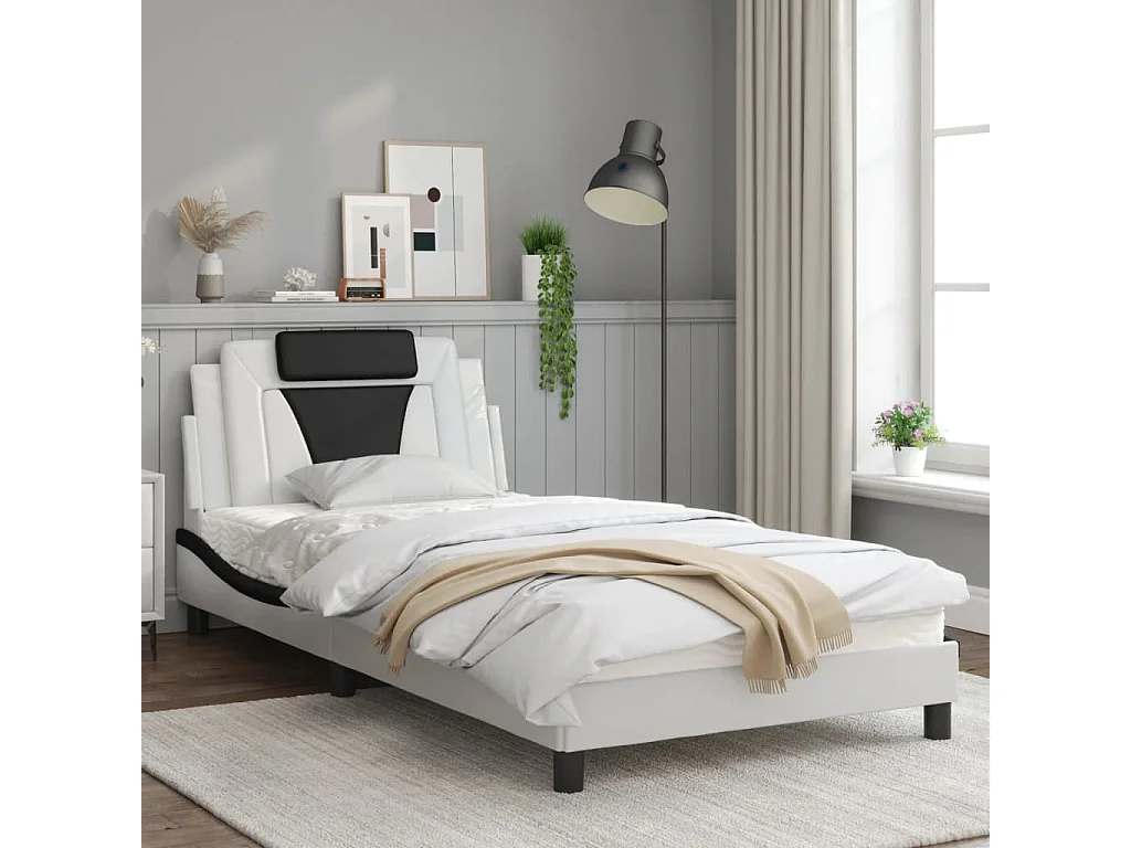 Cadre de lit et tête de lit blanc et noir 100x200 similicuir