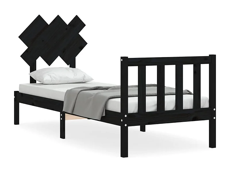 Cadre de lit avec tête de lit noir petit simple bois massif