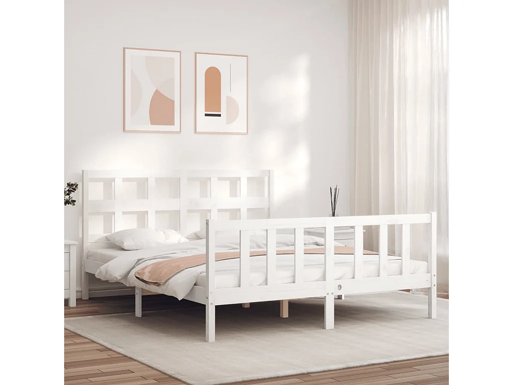 Cadre de lit avec tête de lit blanc 160x200 bois massif