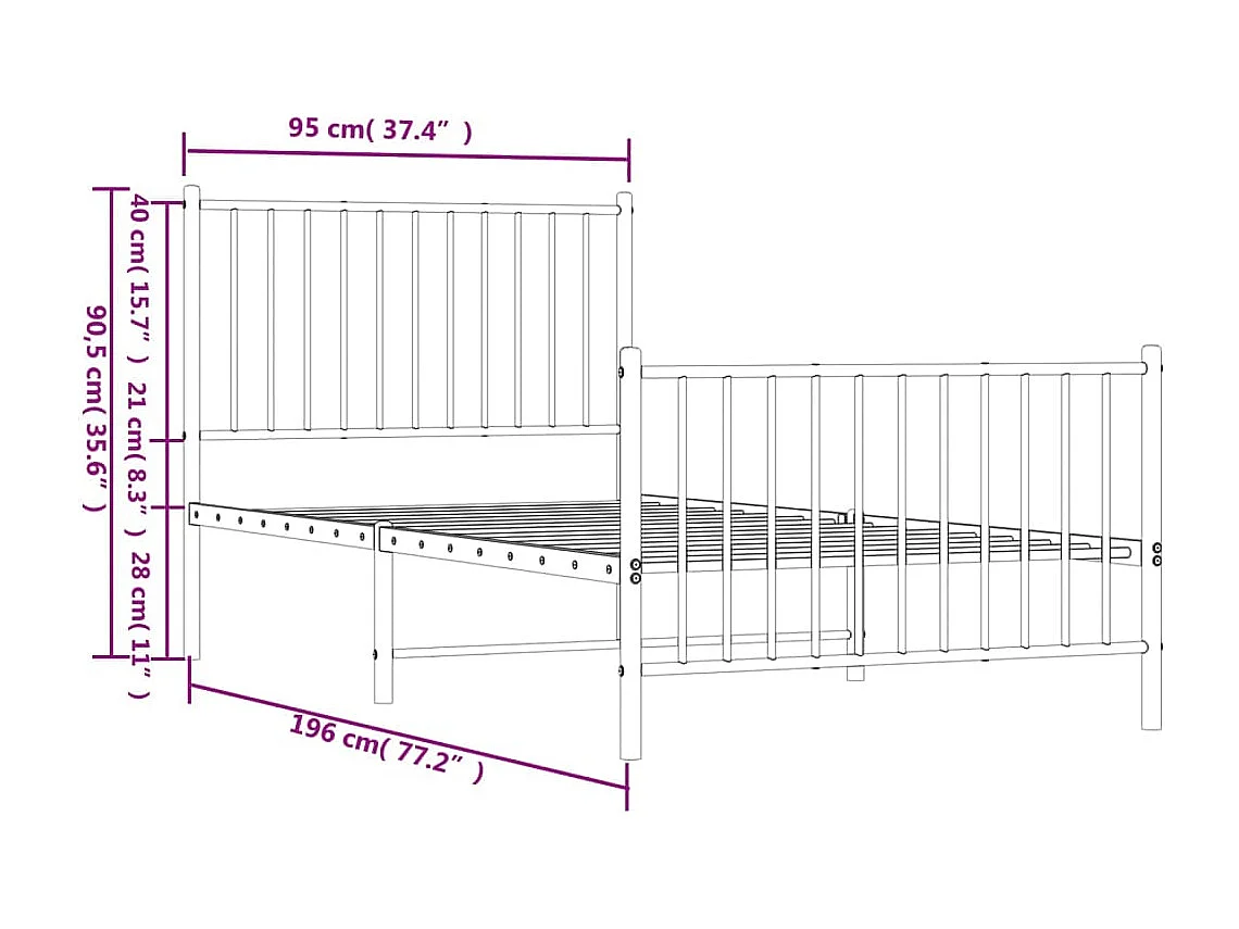 Cadre de lit métal avec tête de lit-pied de lit blanc 90x190
