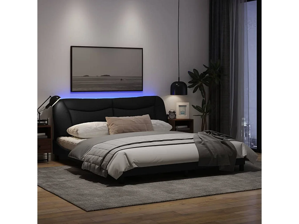 Cadre de lit avec lumières LED noir 180x200 tissu
