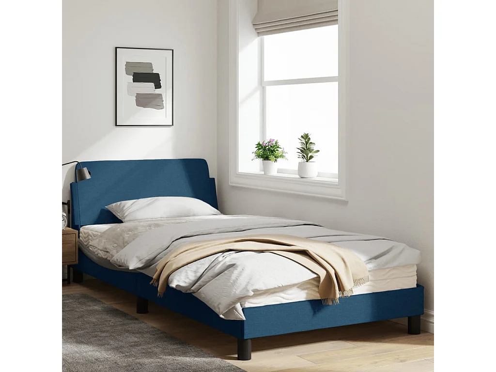 Cadre de lit avec tête de lit Bleu 100x200 Tissu
