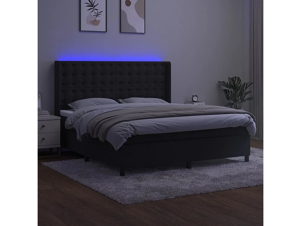 Sommier à lattes de lit matelas et LED Noir 180x200 Velours