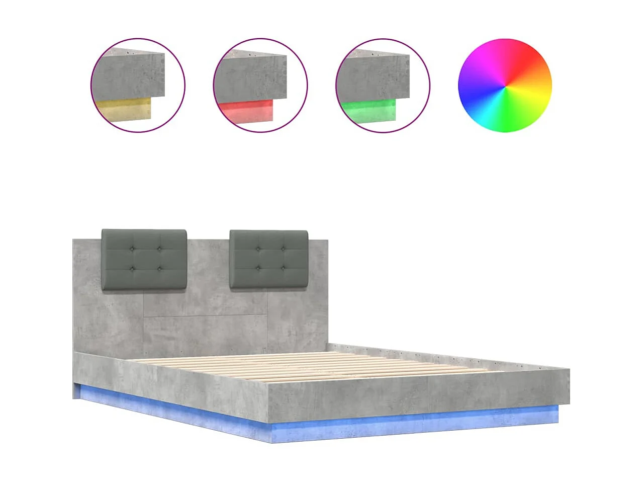 Cadre de lit tête de lit et lumières LED gris béton 150x200