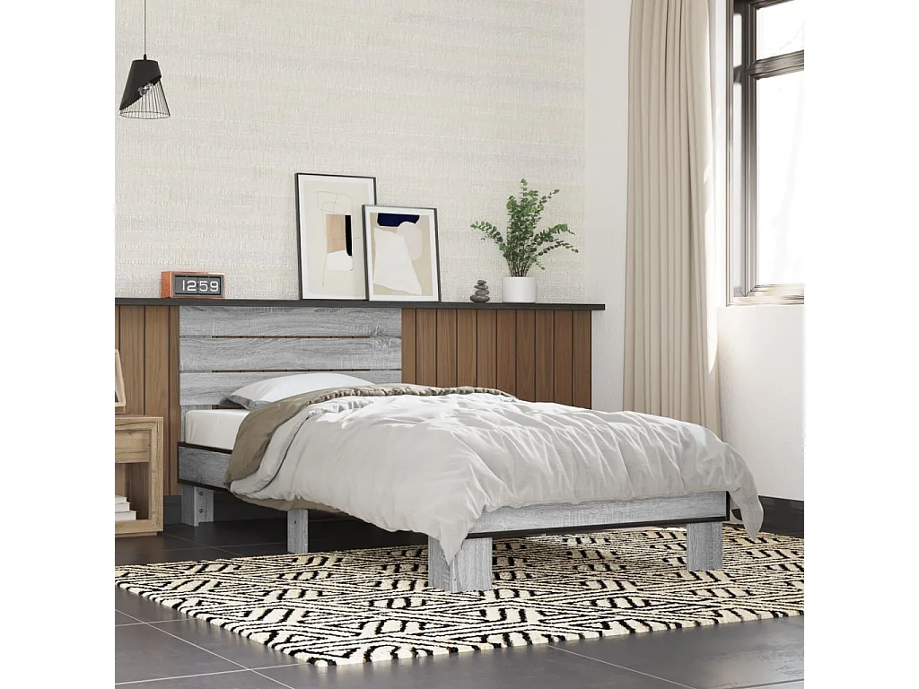Bedframe bewerkt hout en metaal grijs sonoma eiken 100x200 cm