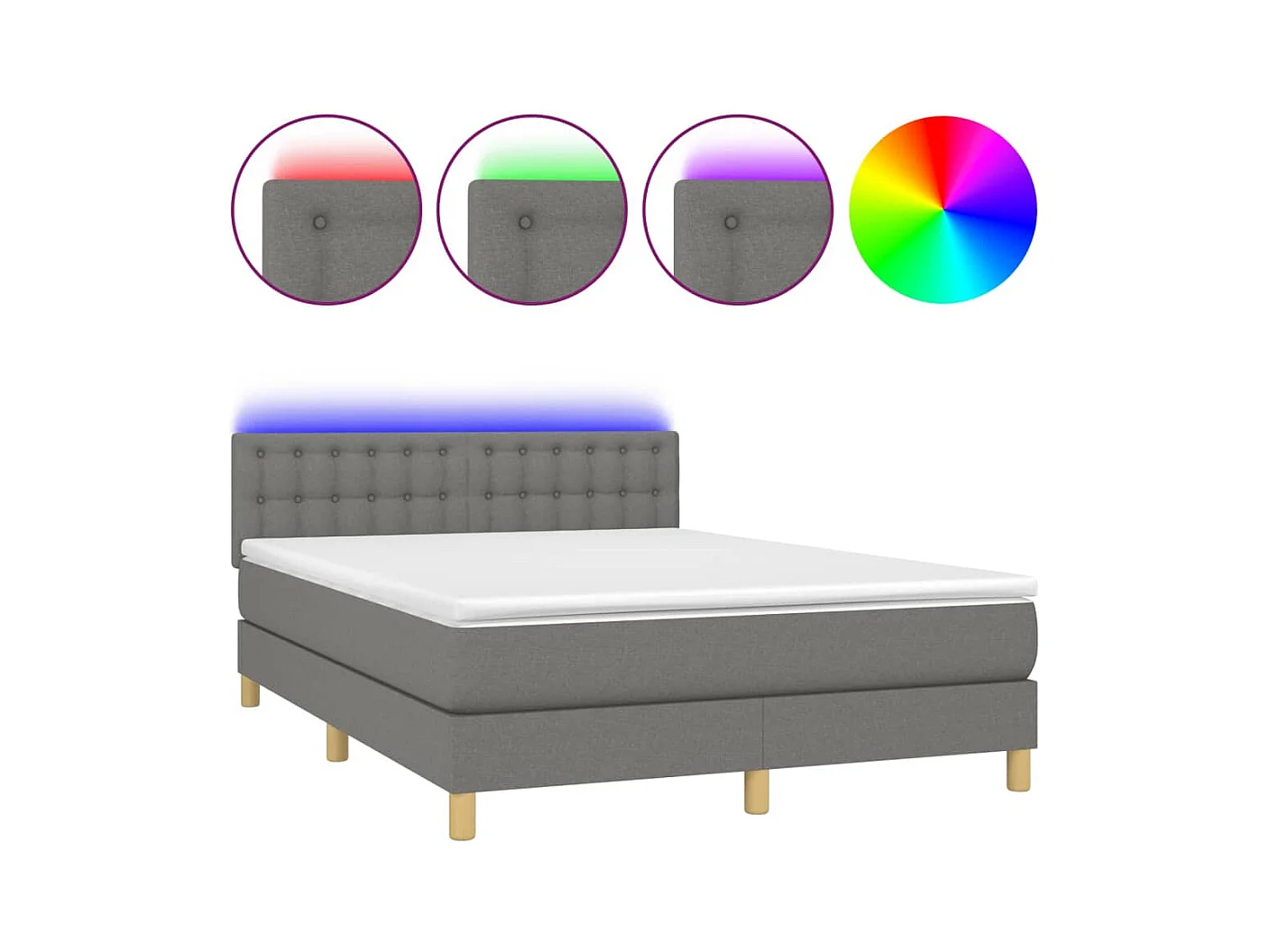 Sommier à lattes de lit et matelas et LED Gris foncé 140x200