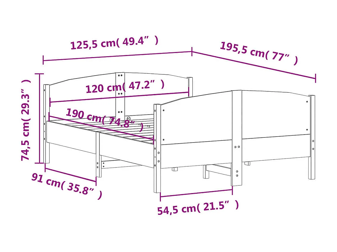 Cadre de lit avec tête de lit blanc 120x190 bois pin massif