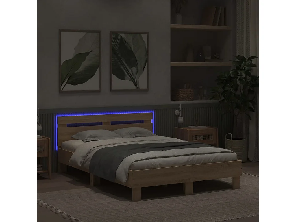 Cadre de lit avec tête de lit et LED chêne sonoma 135x190