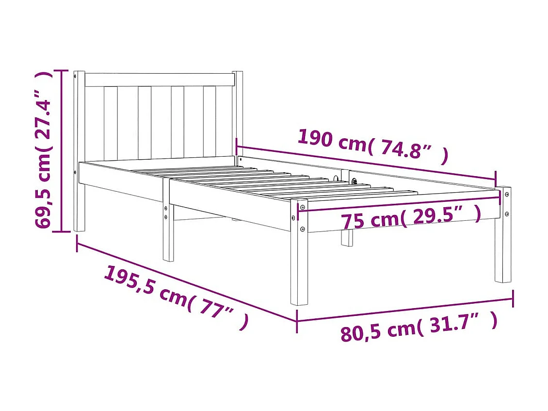 Cadre de lit marron 75x190 bois de pin massif