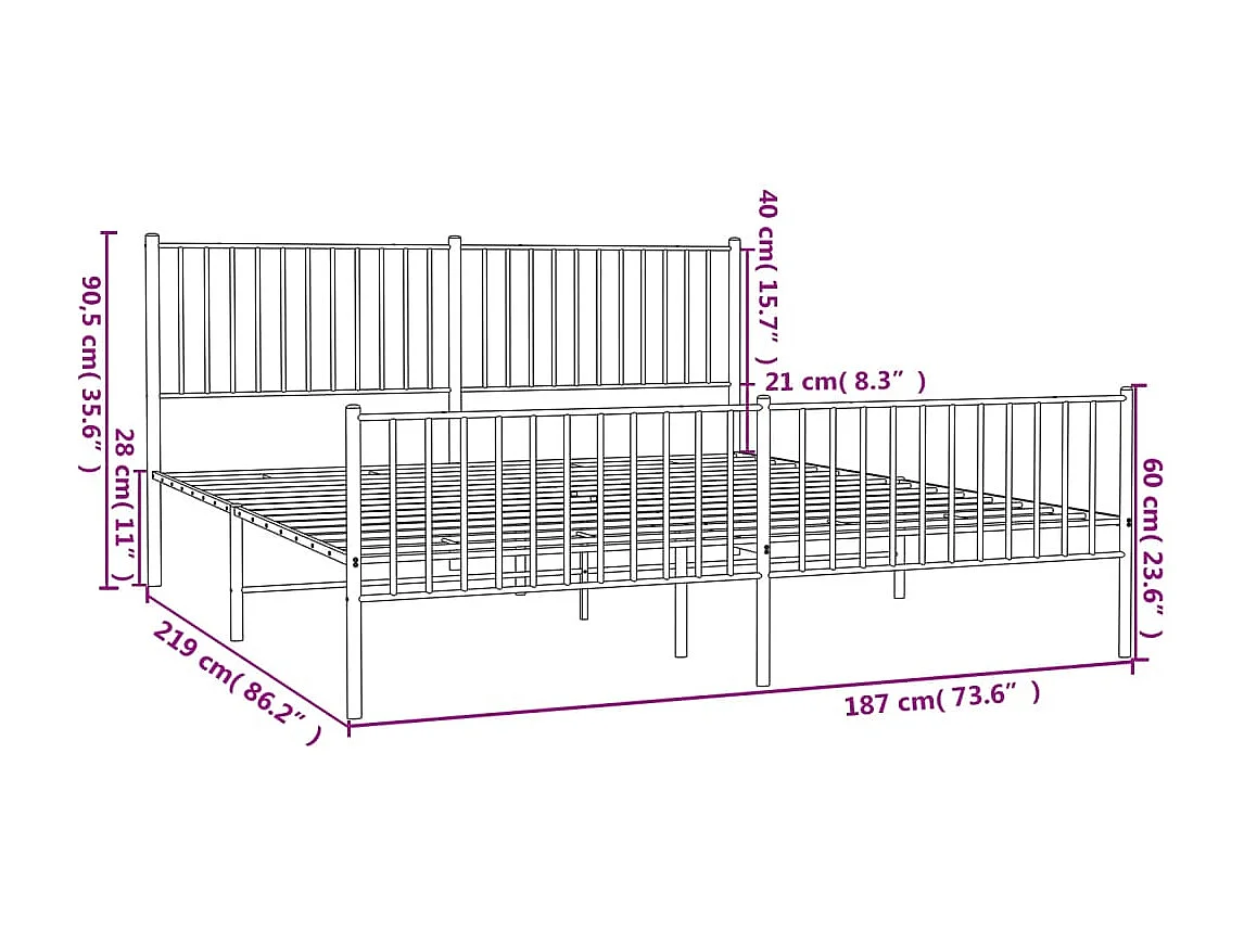Cadre de lit métal avec tête de lit-pied de lit noir 183x213