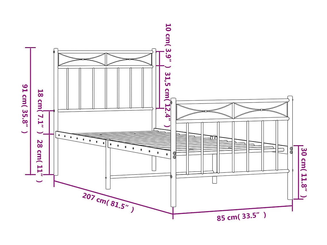 Cadre de lit métal avec tête de lit-pied de lit noir 80x200