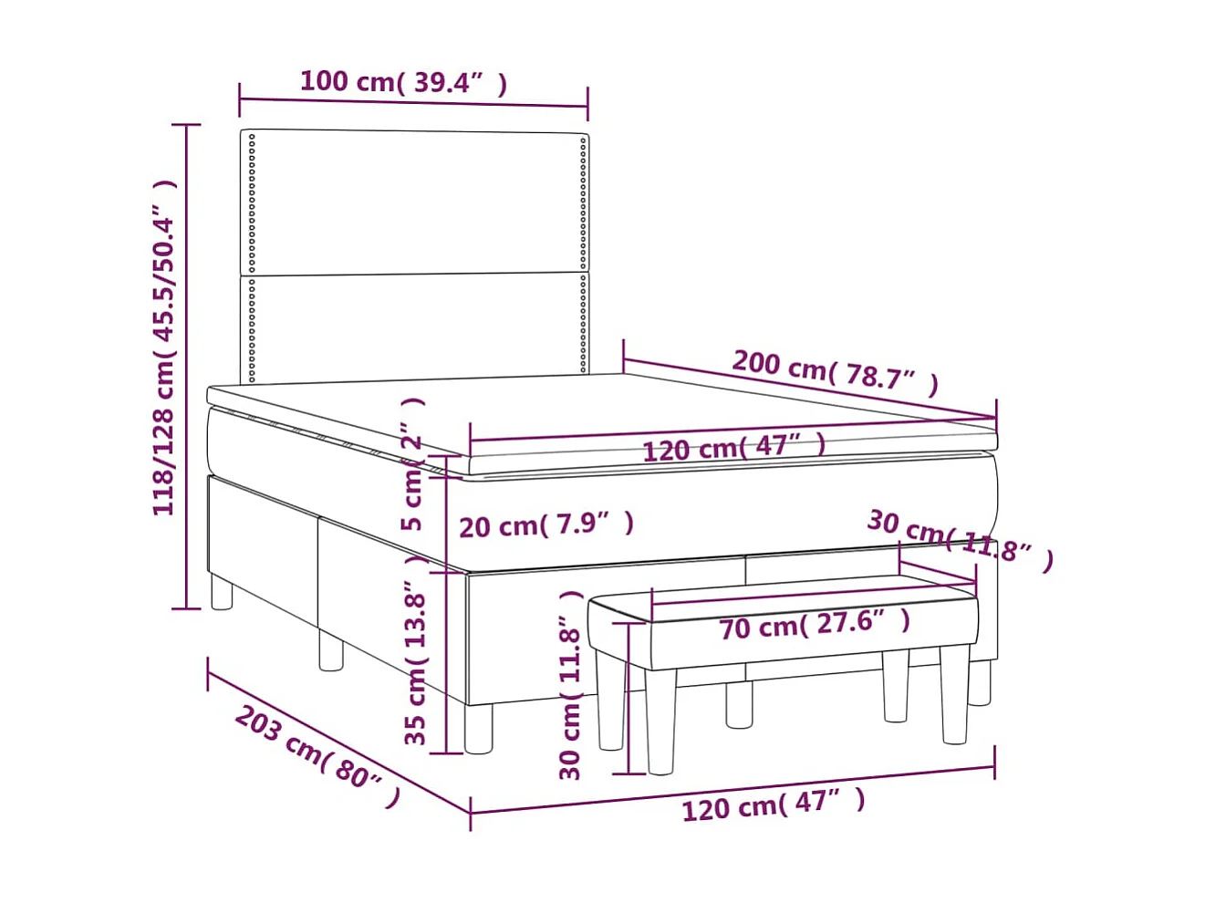 Sommier à lattes de lit et matelas Gris clair 120x200 Velours