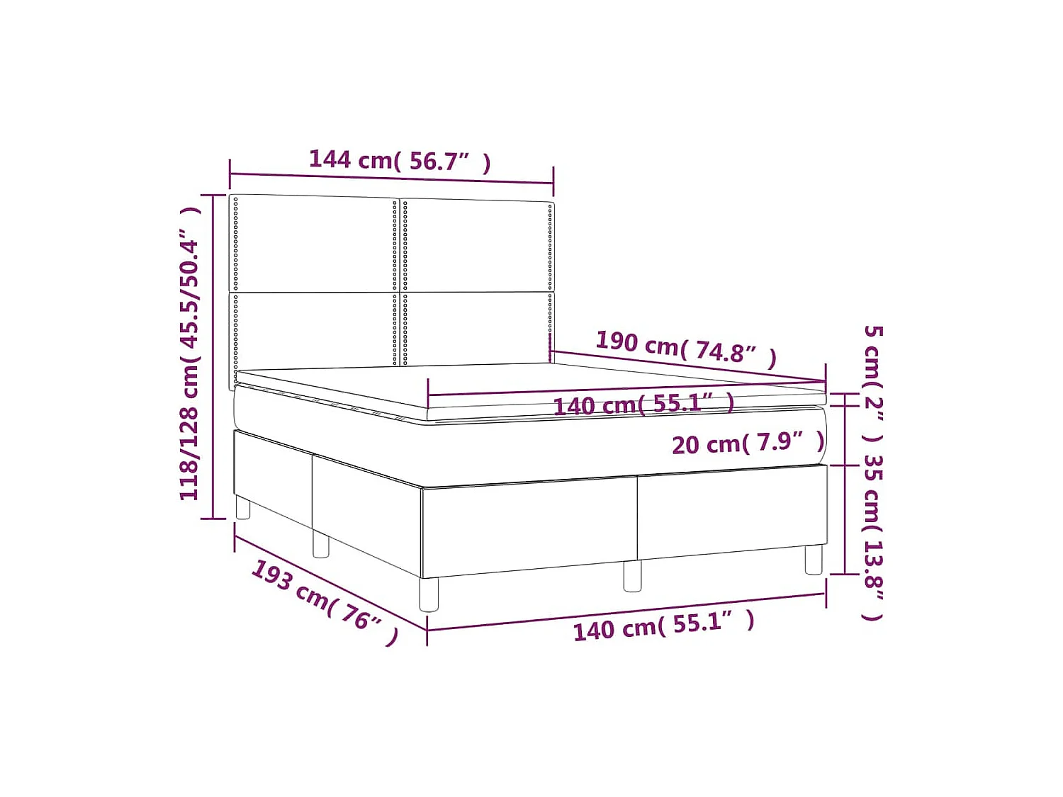 Sommier à lattes de lit et matelas et LED Gris foncé 140x190
