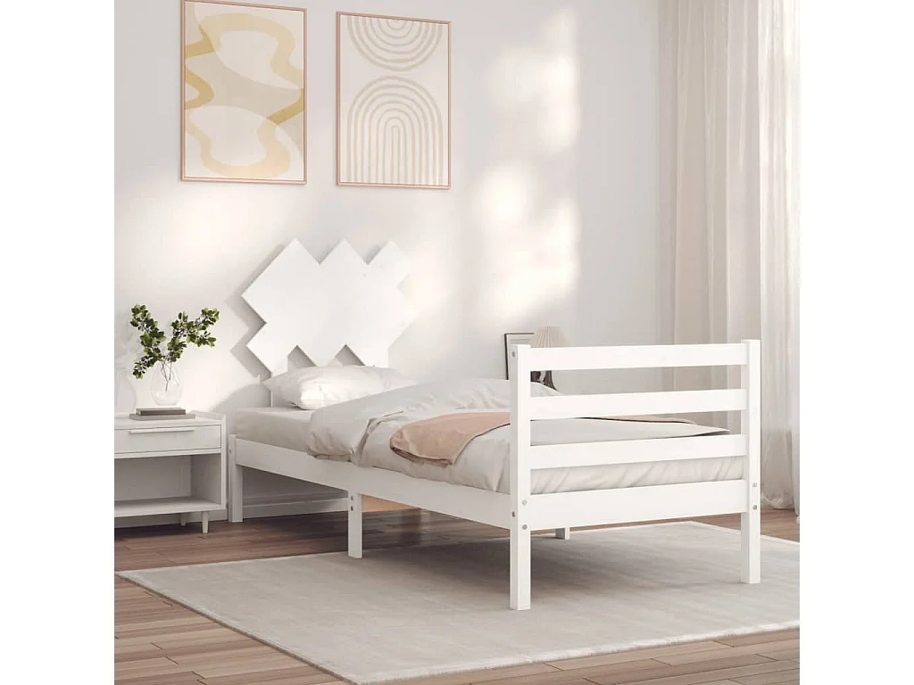 Cadre de lit avec tête de lit blanc 90x200 bois massif