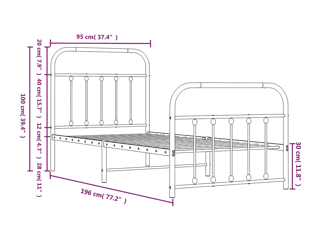 Cadre de lit métal avec tête de lit-pied de lit blanc 90x190