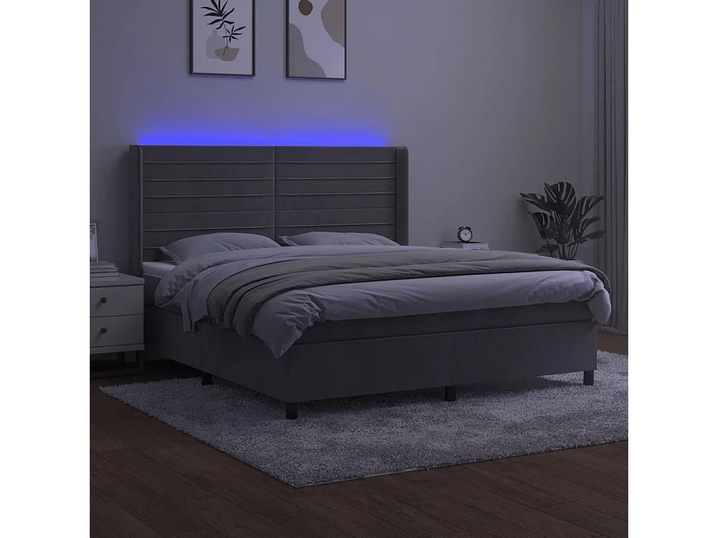 Lit à sommier tapissier matelas et LED Gris clair 160x200 Velours