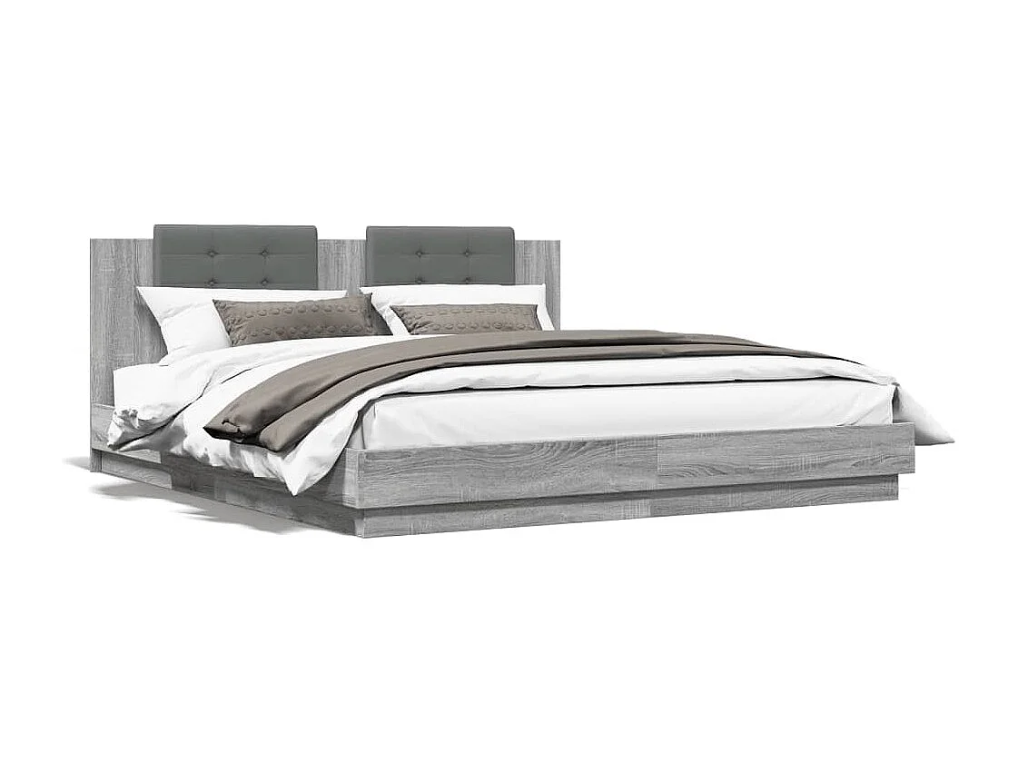 Cadre de lit tête de lit et lumières LED sonoma gris 160x200