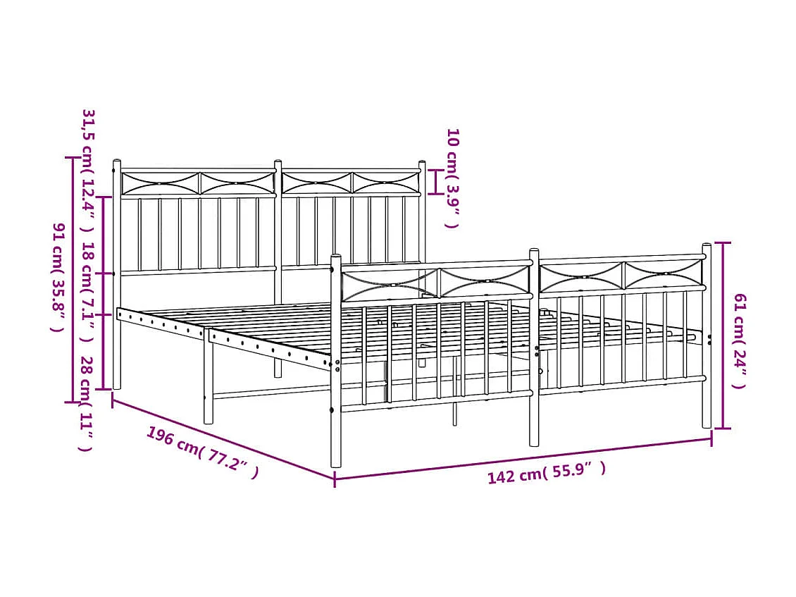 Cadre de lit métal avec tête de lit-pied de lit noir 135x190