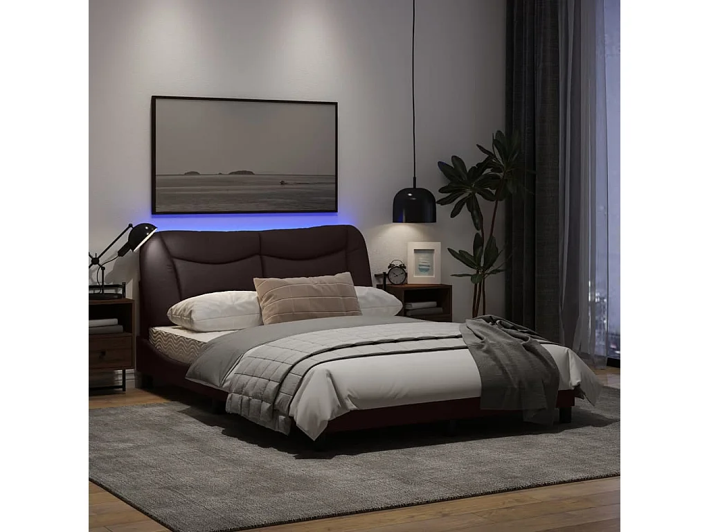 Cadre de lit avec lumières LED marron foncé 140x200 tissu