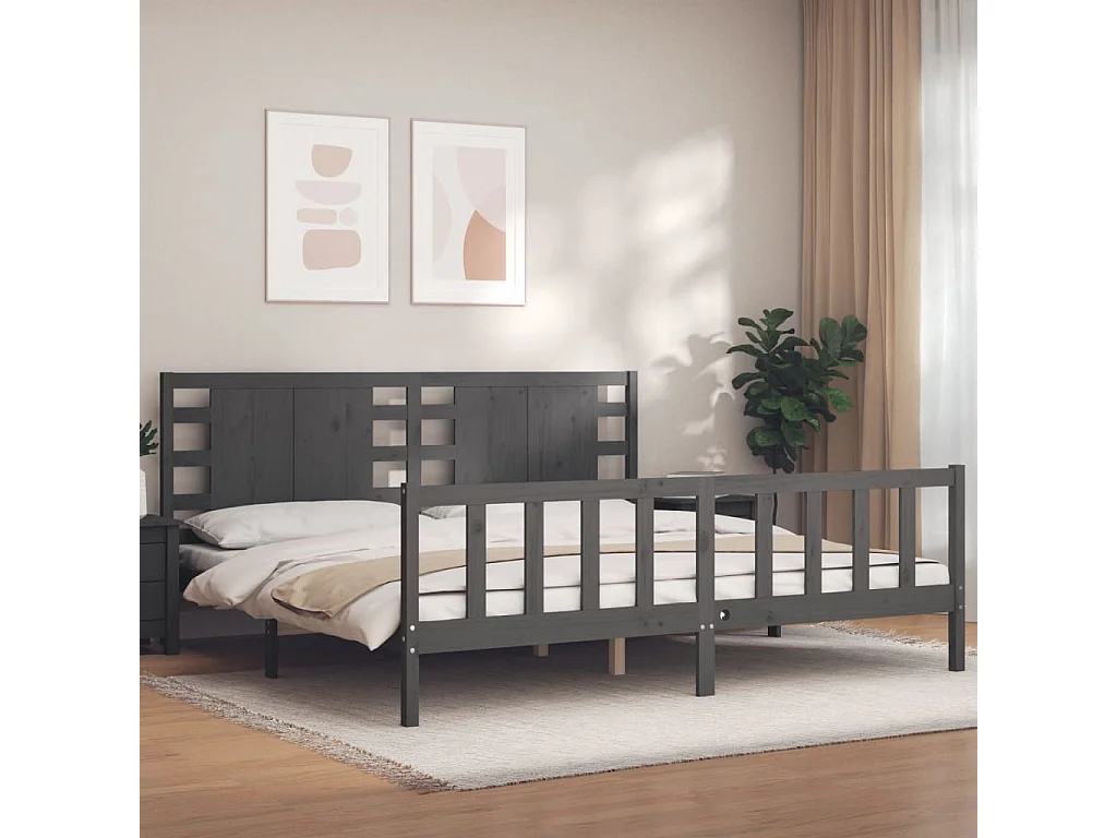 Cadre de lit avec tête de lit gris 200x200 bois massif